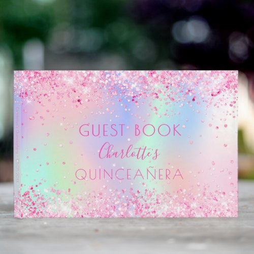 Quinceanera blush blush pink glitter holographic guest book