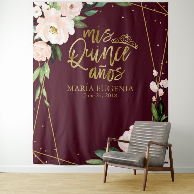 Quinceanera Blush Burgundy Floral Backdrop (In Situ)
