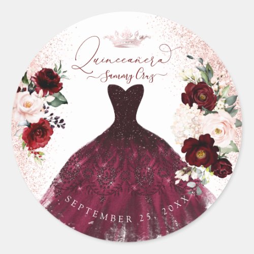 Quinceanera Blush Burgundy Watercolor Flowers Clas Classic Round Sticker