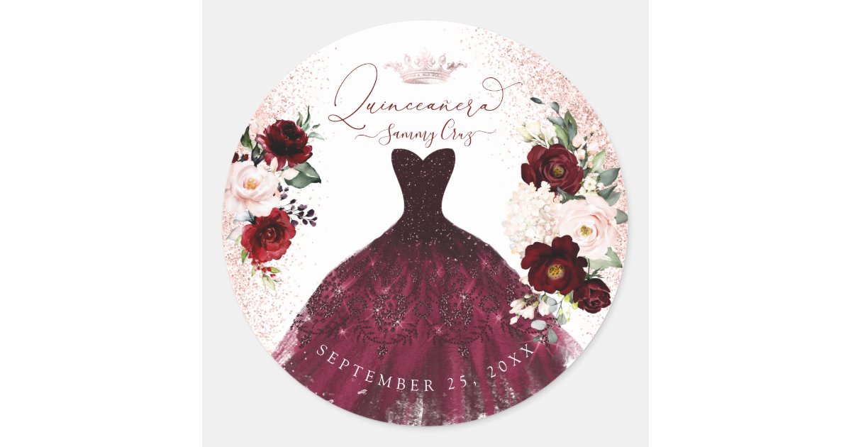 Quinceanera Blush Burgundy Watercolor Flowers Clas Classic Round ...