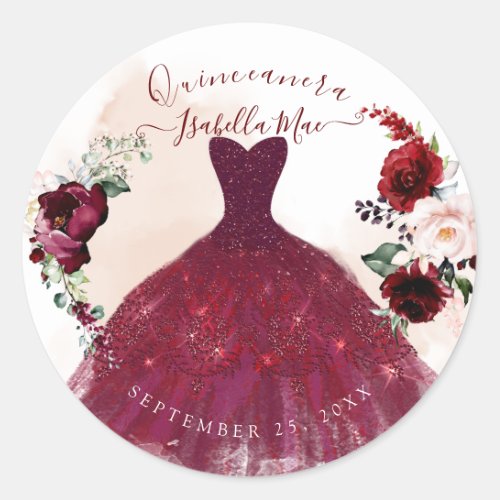 Quinceanera Blush Burgundy Watercolor Flowers Classic Round Sticker
