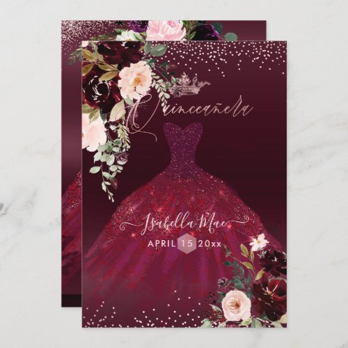 Quinceanera Blush Burgundy Watercolor Flowers Invitation