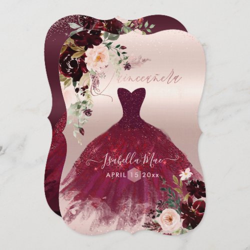 Quinceanera Blush Burgundy Watercolor Flowers Invitation