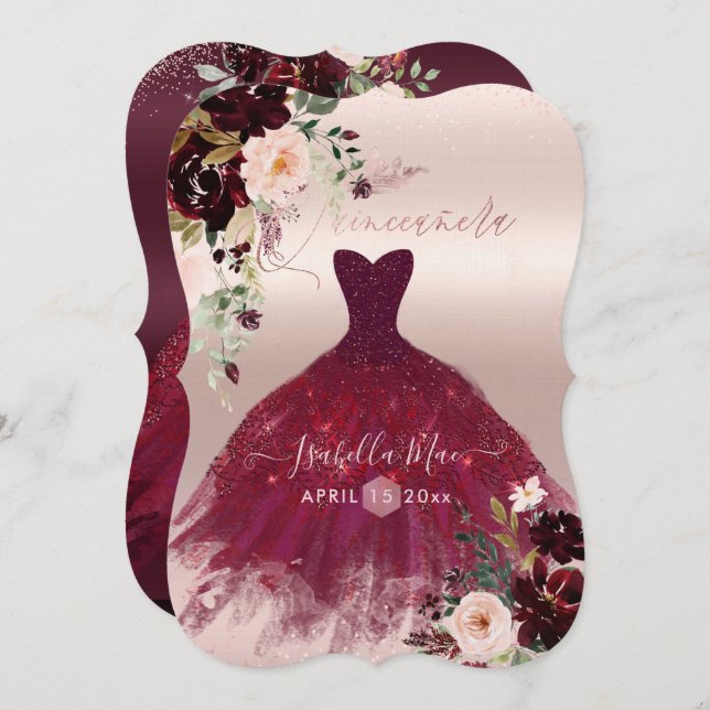 Quinceanera Blush Burgundy Watercolor Flowers Invitation (Front/Back)