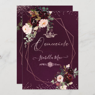 Quinceanera Blush Burgundy Watercolor Flowers Invitation