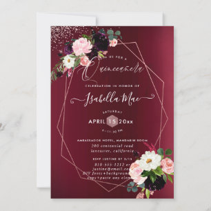 Quinceanera Blush Burgundy Watercolor Flowers Invitation