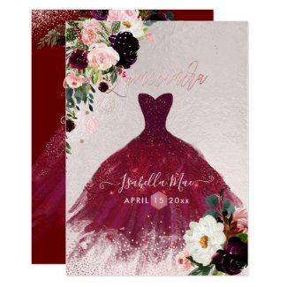 Quinceanera Blush Burgundy Watercolor Flowers Invitation