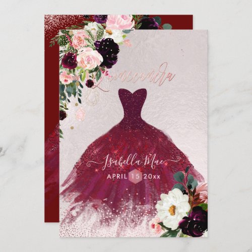 Quinceanera Blush Burgundy Watercolor Flowers Invitation