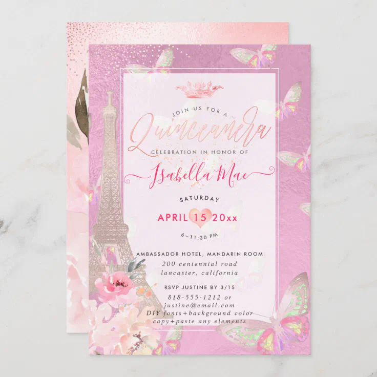 Quinceanera Blush Eiffel Tower, Butterflies Invitation Zazzle