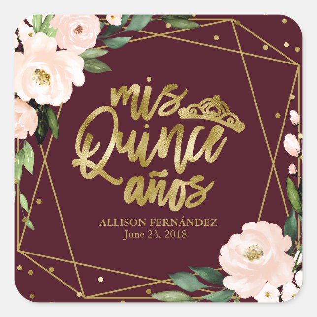 Quinceanera Blush Floral Burgundy Square Sticker (Front)