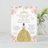 Quinceañera Blush Floral Butterflies Gold Princess Invitation (Standing Front)