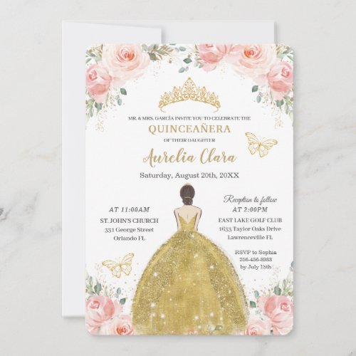 Quinceaera Blush Floral Butterflies Gold Princess Invitation