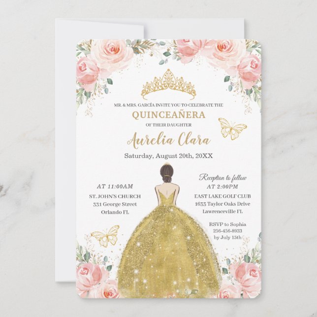 Quinceañera Blush Floral Butterflies Gold Princess Invitation (Front)