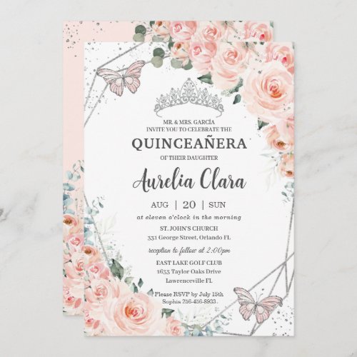 Quinceaera Blush Floral Butterflies Silver Crown Invitation