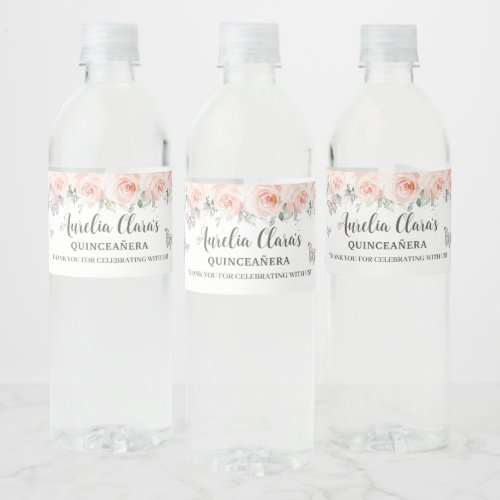 Quinceaera Blush Floral Butterfly Sweet Birthday Water Bottle Label