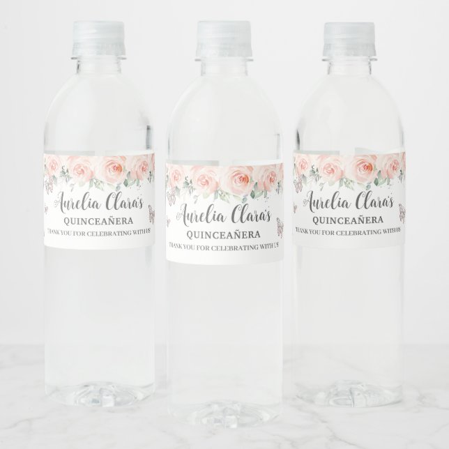 Quinceañera Blush Floral Butterfly Sweet Birthday Water Bottle Label (Bottles)
