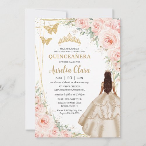 Quinceanera Blush Floral Champagne Dress Gown Invitation