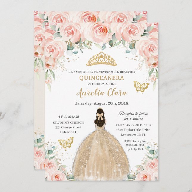 Quinceañera Blush Floral Champagne Dress Princess Invitation (Front/Back)