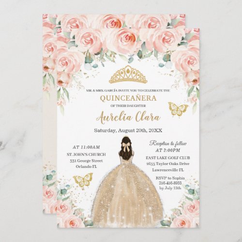 Quinceaera Blush Floral Champagne Dress Princess Invitation