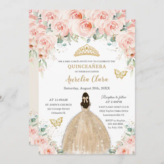 Quinceañera Blush Floral Champagne Dress Princess Invitation | Zazzle