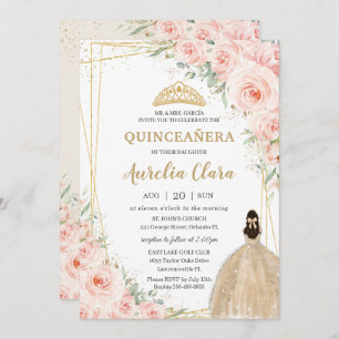 Quinceañera Blush Floral Champagne Dress Princess Invitation