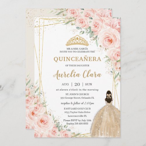 Quinceaera Blush Floral Champagne Dress Princess Invitation