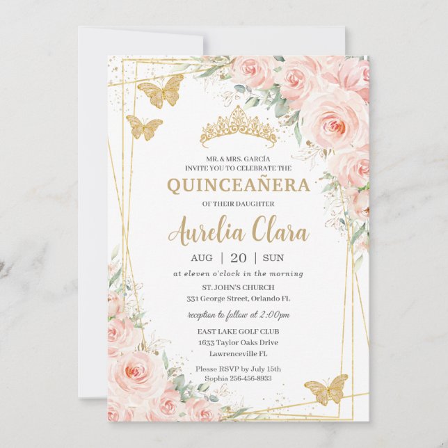 Quinceanera Blush Floral Champange Butterflies Invitation (Front)