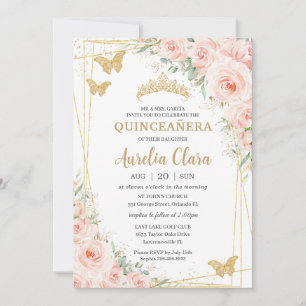 Quinceanera Blush Floral Champange Butterflies Invitation