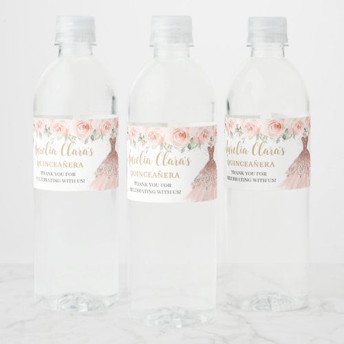 Quinceaera Blush Floral Dress Sweet 16 Birthday Water Bottle Label