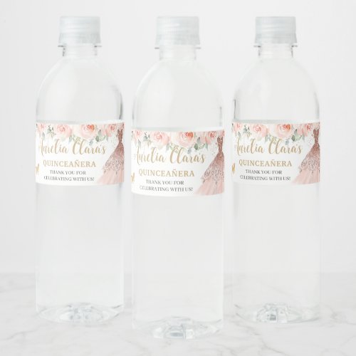 Quinceaera Blush Floral Dress Sweet 16 Butterfly Water Bottle Label