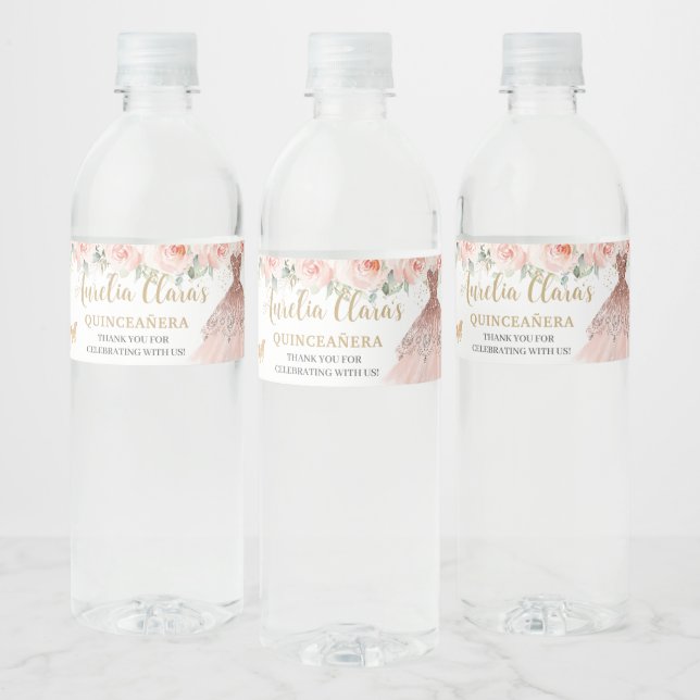 Quinceañera Blush Floral Dress Sweet 16 Butterfly Water Bottle Label (Bottles)