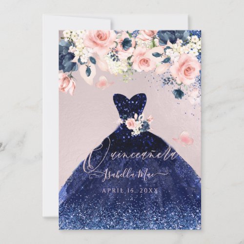 Quinceanera Blush Floral Navy Blue Glitter Gown Invitation