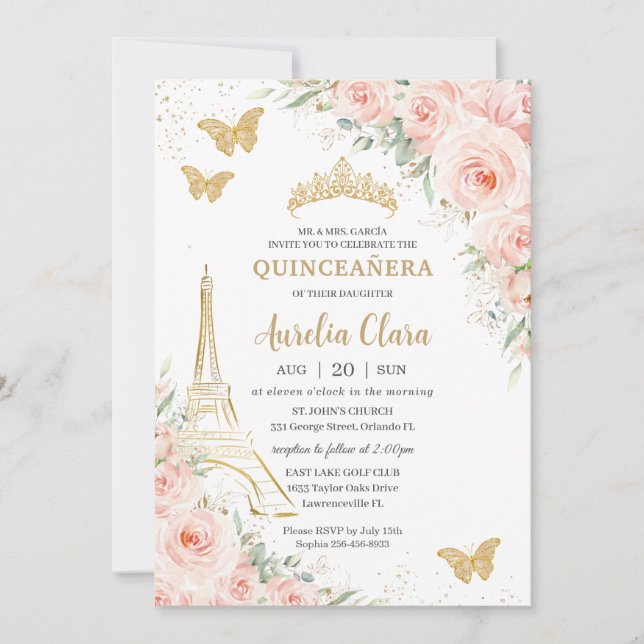 Quinceañera Blush Floral Paris Eiffel Champagne  Invitation (Front)