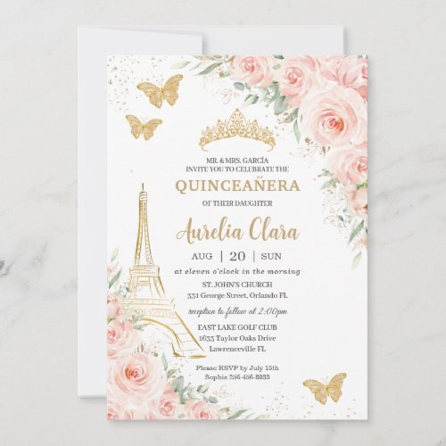 Quinceaera Blush Floral Paris Eiffel Champagne  Invitation