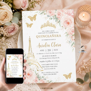 Quinceañera Blush Floral Paris Eiffel Champagne Invitation