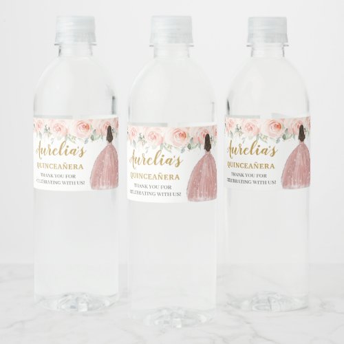 Quinceaera Blush Floral Princess 16th Birthday Water Bottle Label