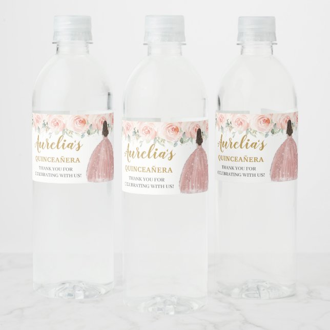 Quinceañera Blush Floral Princess 16th Birthday Water Bottle Label (Bottles)