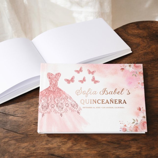 Quinceañera Blush Floral Princess Butterflies Gold Foil Guest Book (Creator Uploaded)