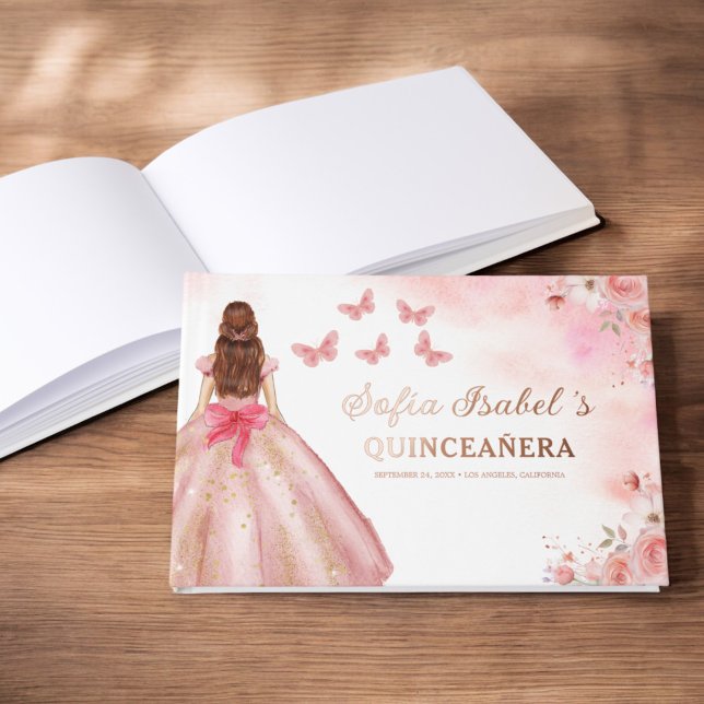 Quinceañera Blush Floral Princess Butterflies Gold Foil Guest Book (Creator Uploaded)