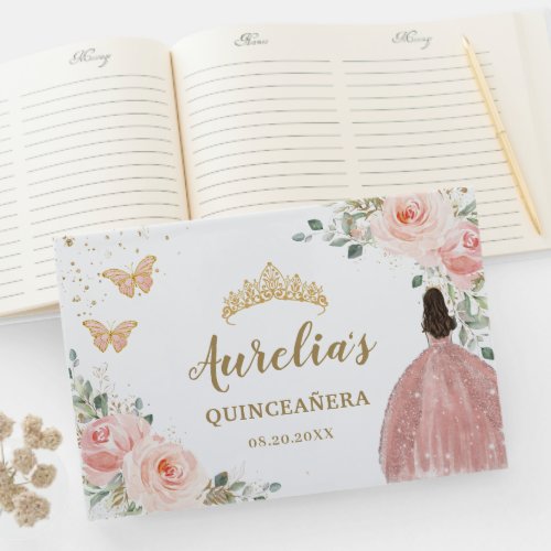 QUINCEANERA Blush Floral Princess Butterflies Gold Guest Book
