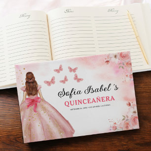 Quinceañera Blush Floral Princess Butterflies Gold Guest Book