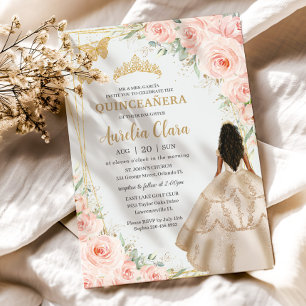 Quinceanera Blush Floral Princess Champagne Dress Invitation