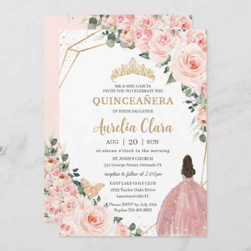 Quinceaera Blush Floral Princess Gold Crown Invitation