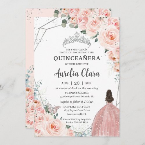 Quinceaera Blush Floral Princess Silver Crown Invitation