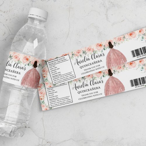 Quinceaera Blush Floral Princess Sweet Birthday Water Bottle Label