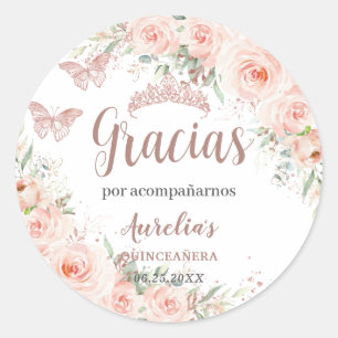 Quinceañera Blush Floral Rose Gold Butterflies Classic Round Sticker