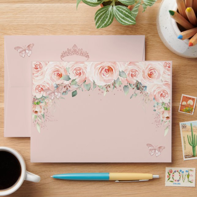 Quinceañera Blush Floral Rose Gold Butterflies Envelope (Desk)