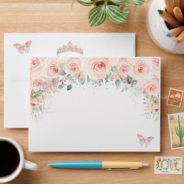Quinceañera Blush Floral Rose Gold Butterflies Envelope (Desk)