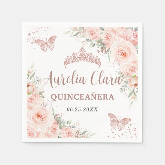Quinceanera Blush Floral Rose Gold Butterflies Napkins (Front)