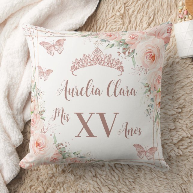 Quinceañera Blush Floral Rose Gold Butterflies Throw Pillow (Blanket)